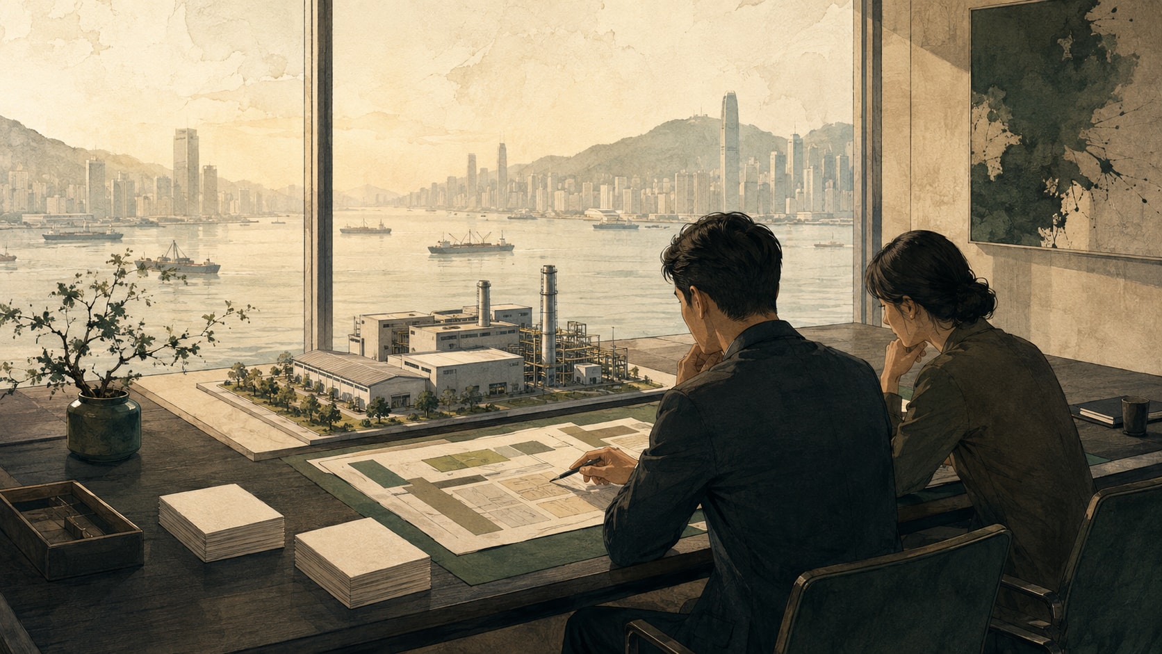 发行人团队在香港港口背景下比较境外工厂投资与股权融资方案，桌面保留不同方案的取舍