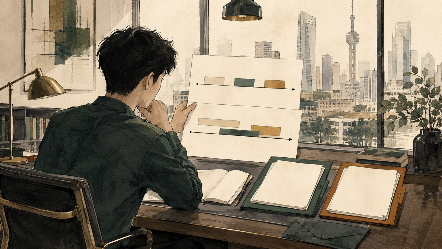 海外硕士候选人在桌前比较学业时间线与工作成果，核对两份招聘职位的适合程度