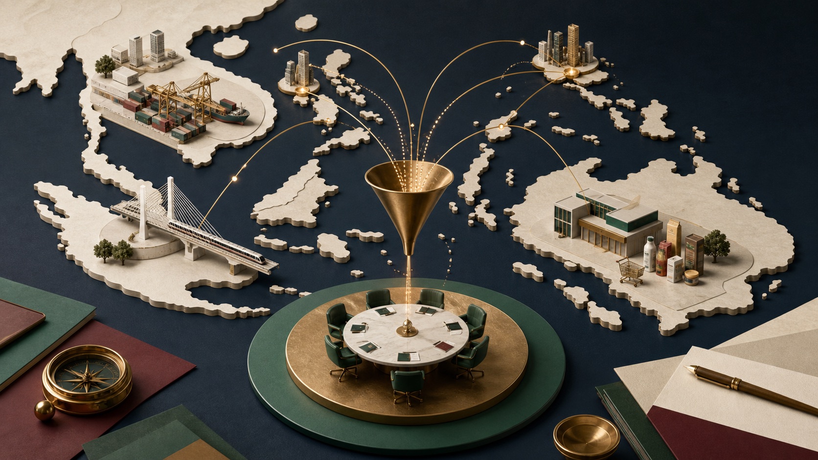 Southeast Asian markets and businesses connected to a central advisory decision